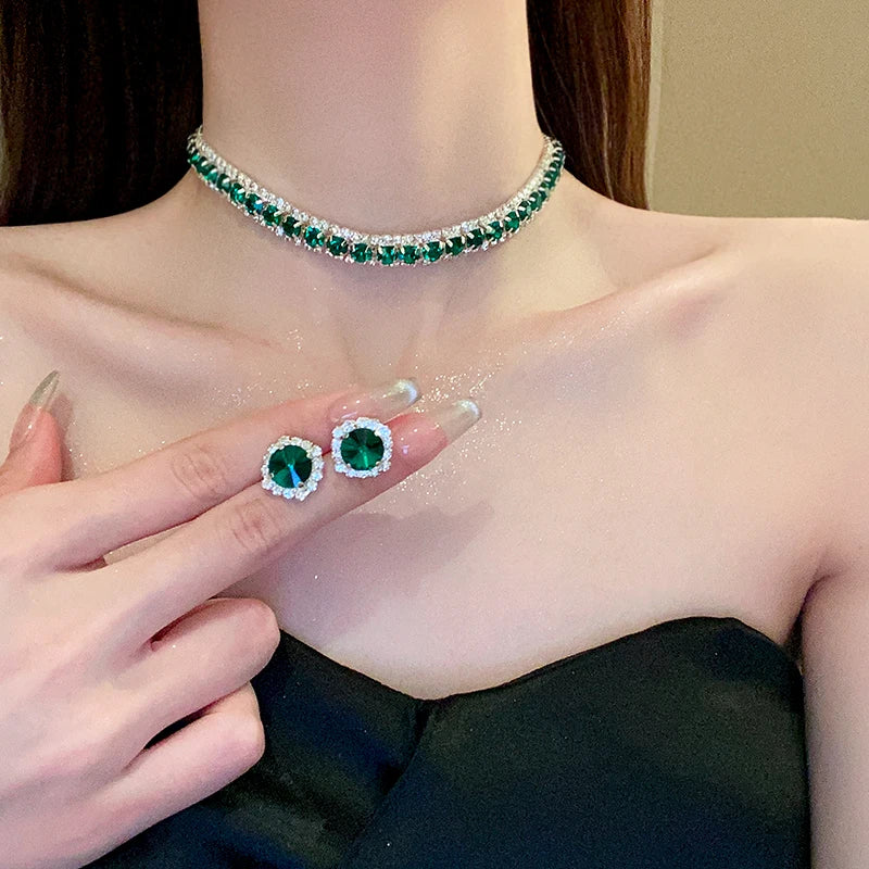 Drejew inlaid green crystal necklaces stud earrings jewelry set for women luxury necklace and earring with rhinestones for party