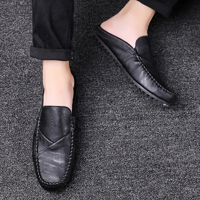 New 2023Half Shoes For Men Leather Half Slipper Slip On 3 Colors Flat Italian Style Fashion Driving Shoes Man Ciabatte