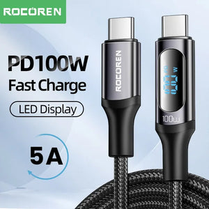 Rocoren PD 100W Type C Cable LED Display 5A Fast Charging Charger Wire Cord For Macbook Xiaomi POCO Samsung Type-C USBC Cable 2M