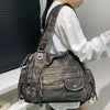 Y2K Hot Girl Single Shoulder Crossbody Bag Vintage Washed Leather Motorcycle Bag Large Capacity Multi Pocket Bag