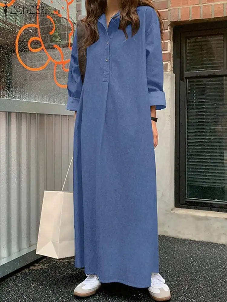 ZANZEA Women 2024 Spring Long Shirt Dress Oversize Long Sleeve Robe Vintage Denim Blue Dresses Casual Loose Buttons Up Vestidos