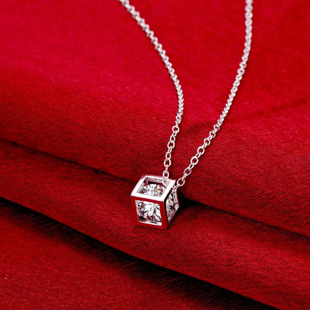 Hot 925 Sterling Silver Earrings Fine Crystal Lattice Pendant Necklace for Woman Jewelry Sets Fashion Party Wedding Gifts