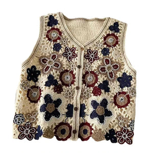 Women Hollow Crochet Knit Vest Waistcoat Beaded Floral Button Crop Cardigan Top