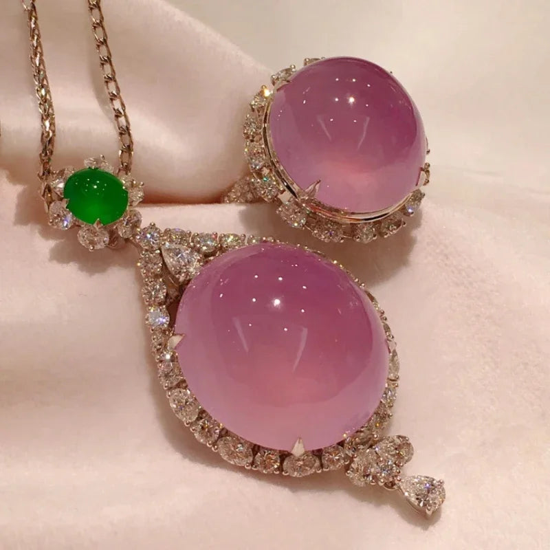 Natural Ice seed Jade Chalcedony Violet colour Large Jewelry Sets Romantic and Creative Sweet Wedding Engagement Necklace Ring
