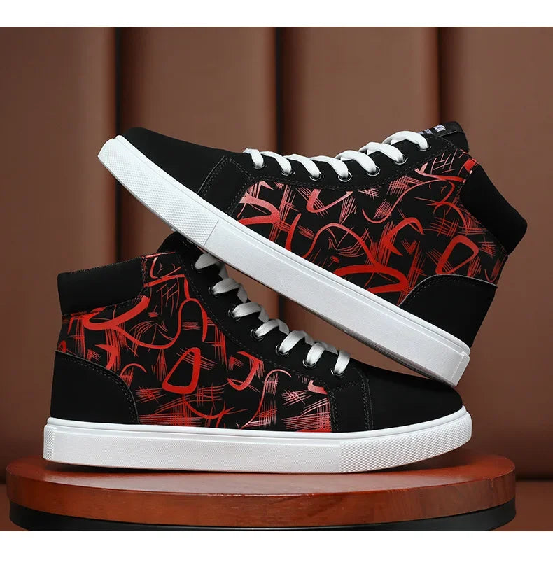 Graffiti prints red canvas sneakers mens vulcanized shoes man low top sneaker lace up trainer skateboard shoes men's plimsolls