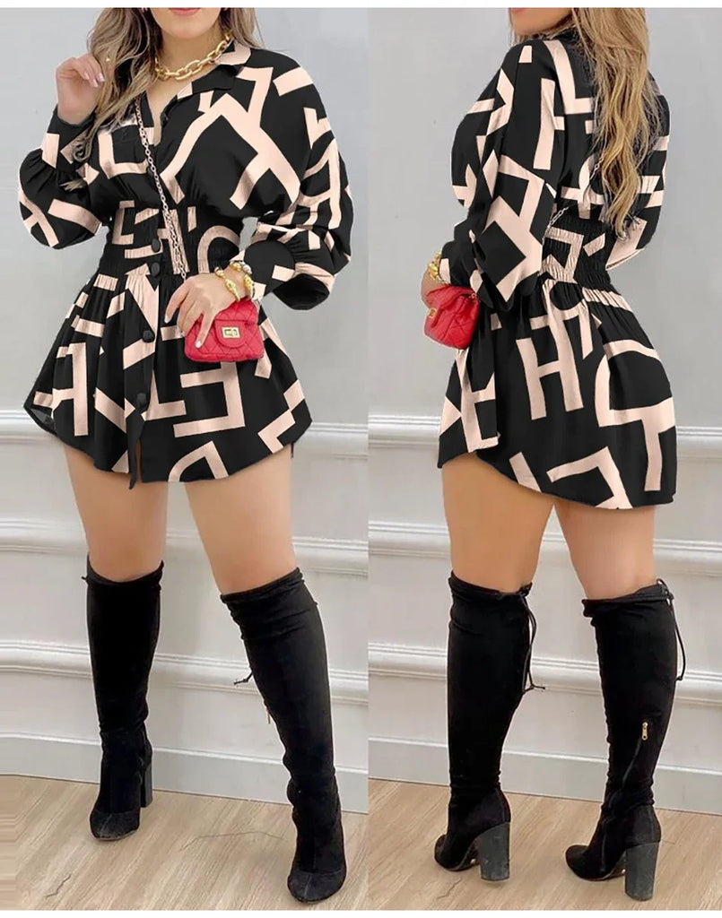 Sexy Long Sleeve Mini Dress Women Autumn 2023 Casual Print High Waist Slim Black Shirt Dresses Elegant Spring Fall Clothes