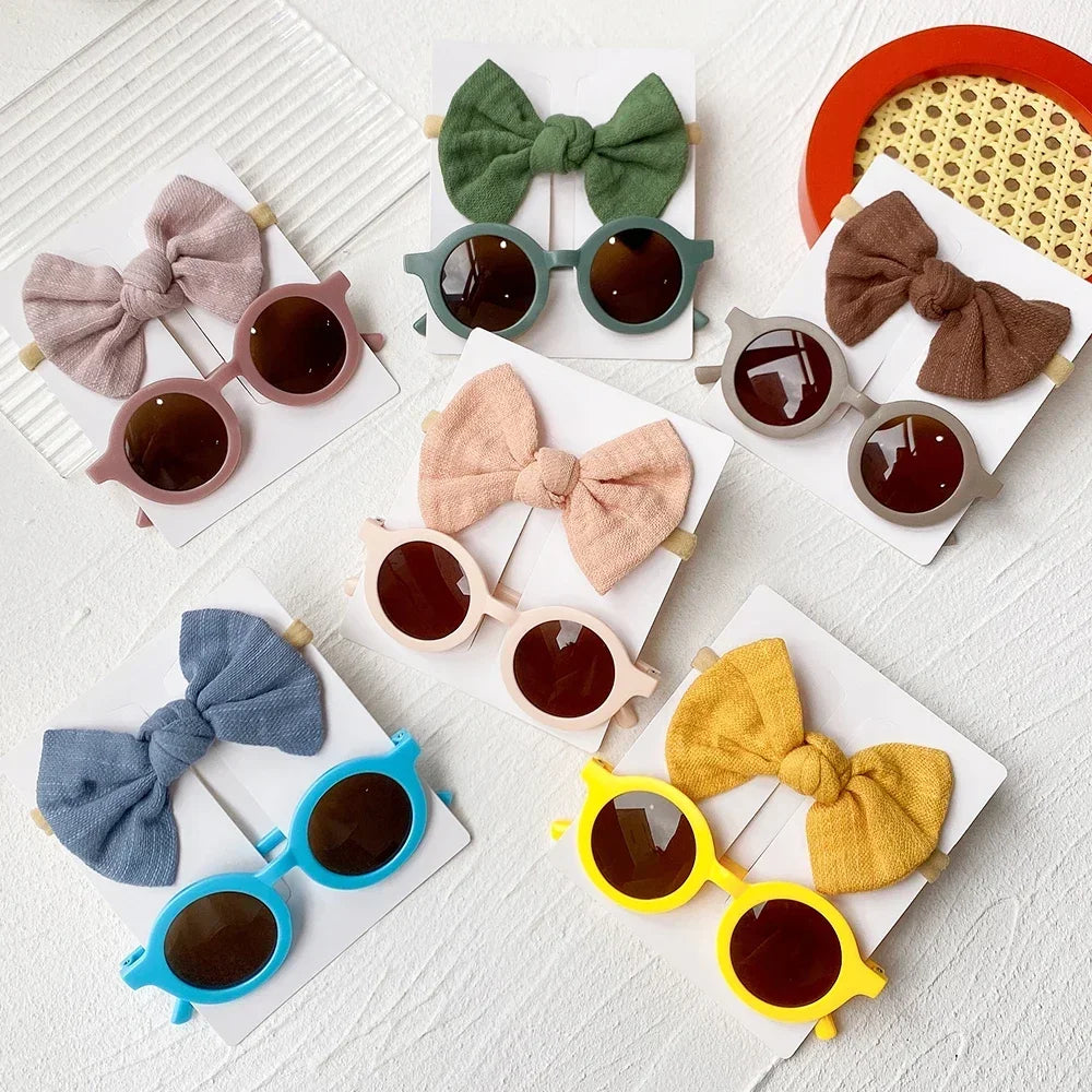 2Pcs/set Kids Summer Round Sunglasses Bows Headband Gift Sets Children Lovely Glasses Protection Hair Accessories for Girls
