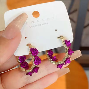 Vintage Red Rose Flower Hoop Earrings For Women Exquisite Elegant Zircon Circle Earrings Jewelry Wedding Party Premium Gifts