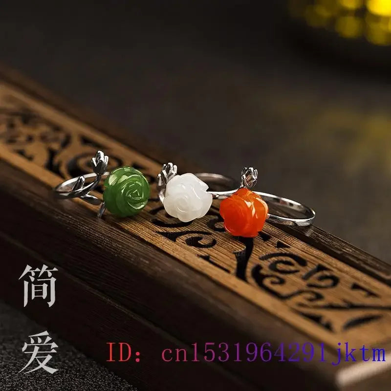 Jade Rose Rings Jewelry Chinese Women 925 Silver Amulet Natural Stone Fashion Gemstones Adjustable Ring Charms Gifts Jadeite