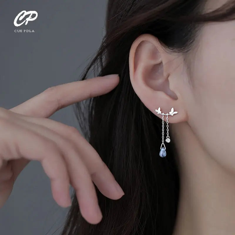 New Korean Silver Color Butterfly Blue Water Drop Tassel Earrings For Women Fashion Creative Light Luxury Elegance Party Jewelry