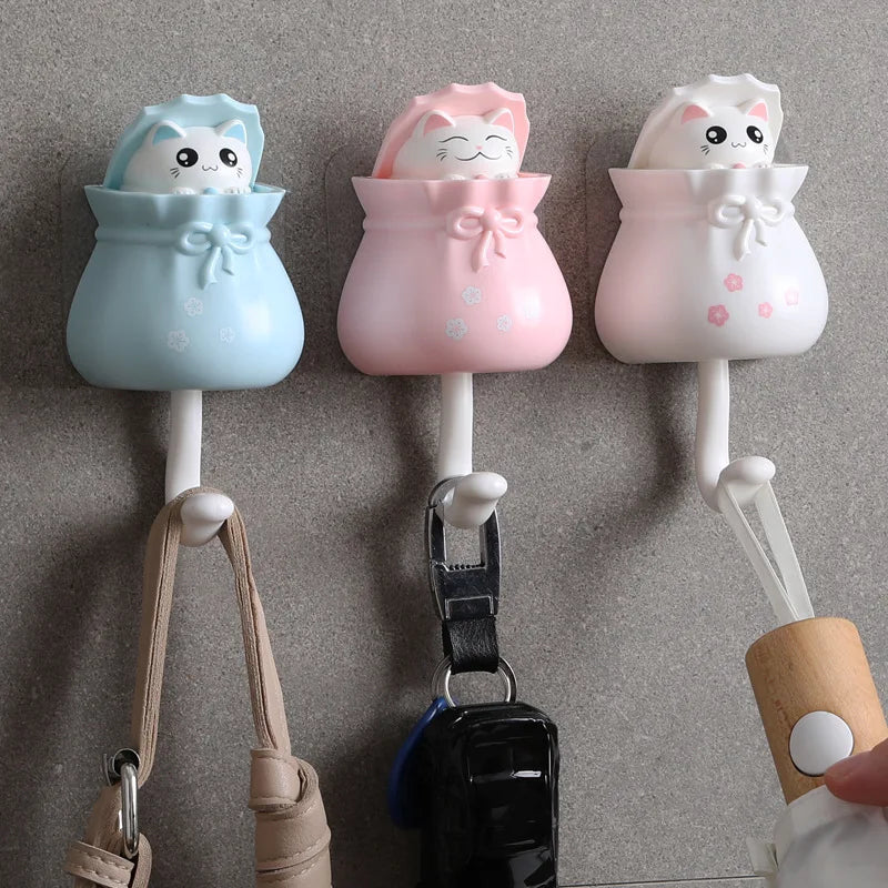 Creative Lucky Cat Home Decor Hooks Key Holders Wall-Mounted Adhesive Hangers Hat Racks Sundries Storage Accessories