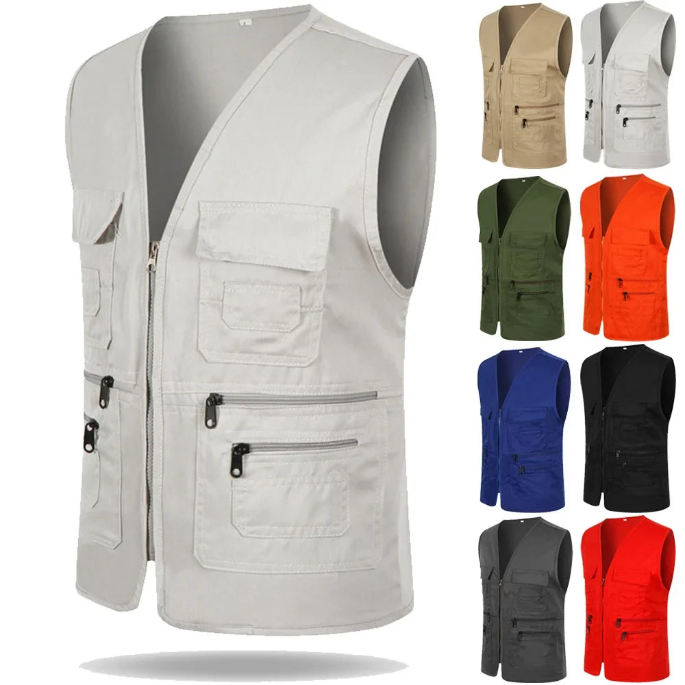 2022 Men's Multi-pocket Vest Casual Fishing Vest Men's Solid Color Overalls Sleeveless Zipper Director Vest