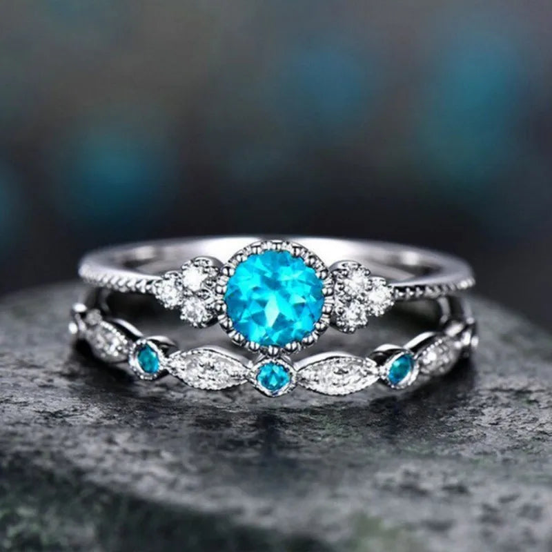 2Pcs/Set Classic Silver Color Ring Green Blue Round Cut Created Birthstone Delicate Slim Ring for Women Bride Wedding Jewlery