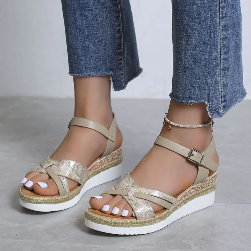 Summer Wedge Sandals for Women Buckle Strap Platform Rome Sandals Woman Open Toe Thick Bottom No-Slip Sandalias Mujer Plus Size