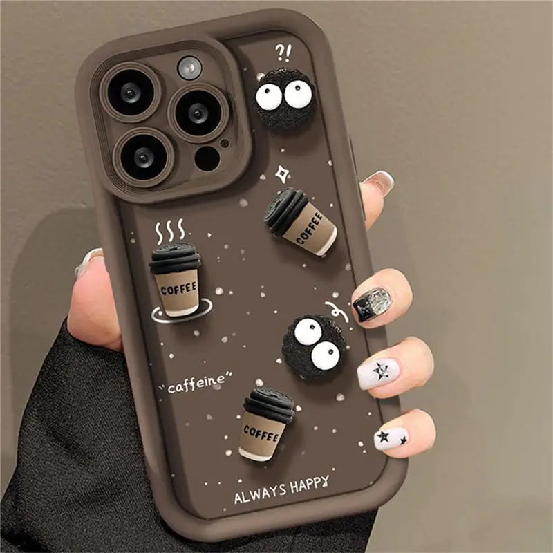 Cute Fun 3D Coal Ball Coffee Silicone Phone Case For iPhone 11 13 12 14 15 Pro Max 13 15 Pro XS XR XS Max Korean Cartoon Cover