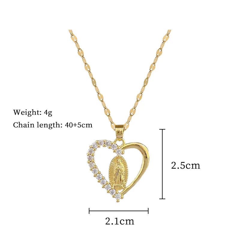 Stainless Steel Crystal Heart Virgin Mary Necklace for Women Amulet Gold Plated Necklace Religious Jewelry Our Lady of Aparecida