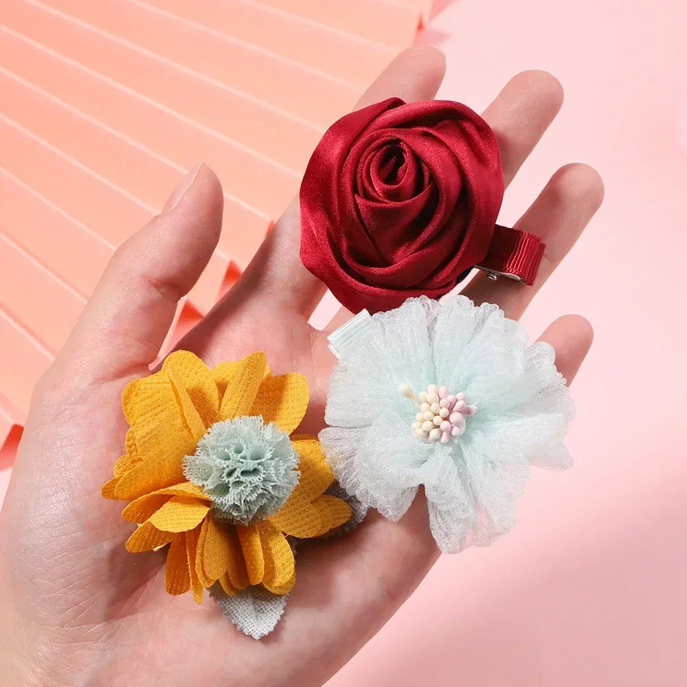 5/3Pcs Children Handmade Chiffon Petals Poppy Flower Hair Clips Rolled Rose Fabric Hair Flowers for Kids Girls Hair Accessories