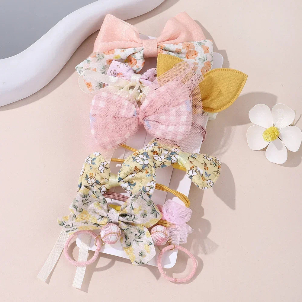 10Pcs/Set Girls Cartoon Hair Band Bow Hair Ties Flower Headbands Princess Elastic Rubber Bands Kids Hair Accessories