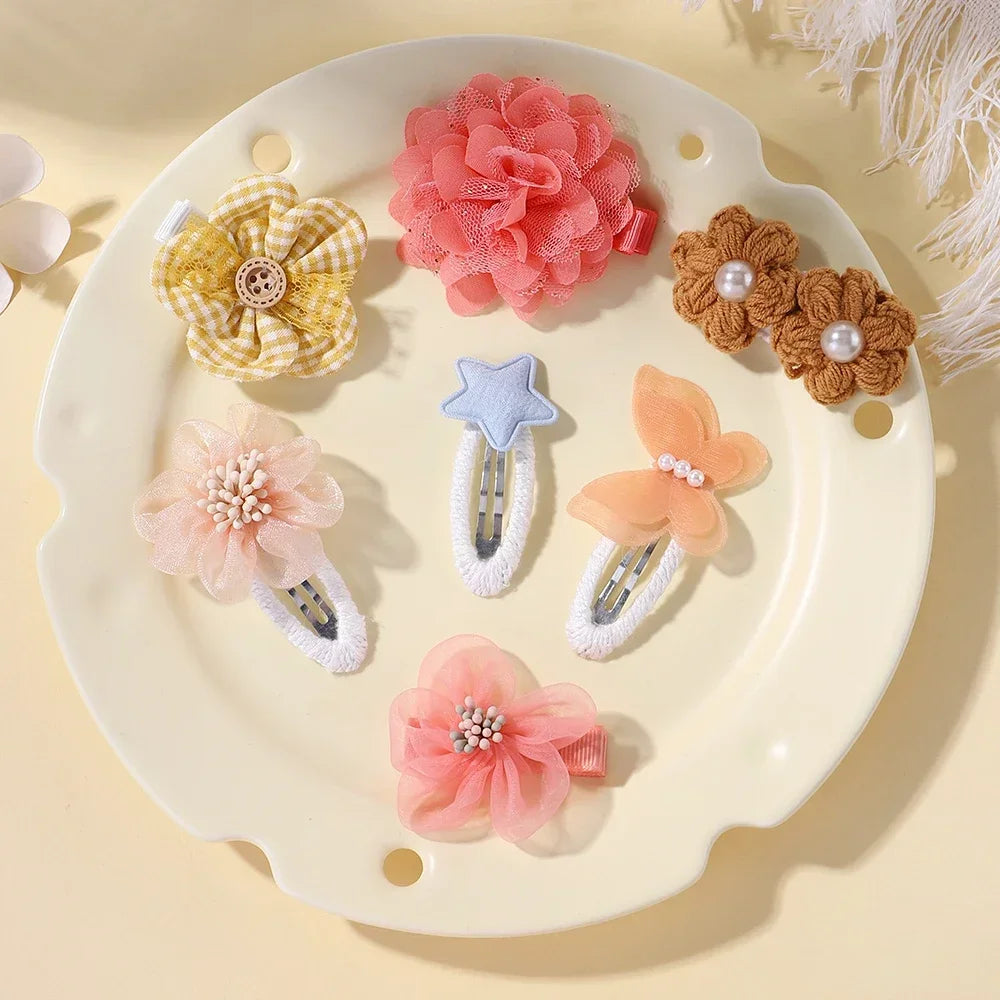 2pcs/set Girls Cute Flower Bow Star Solid Color Safe Nylon &knitting & Mesh Kids Hair Clips  Accessories Hairpins For Children