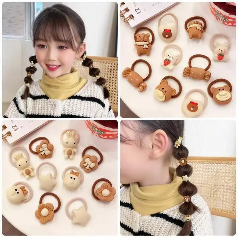 10Pcs/Set Girls Cute Cartoon Flower Kid Elastic Hair Rubber Band Accessories Ponytail Holder Tie Hair Ring Rope Headdress