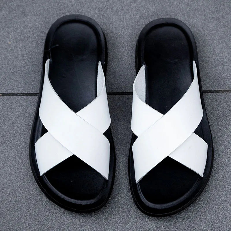 2023 Fashion Men Real Leather Slippers Summer New Black White/red/yellow Cross Over Slippers Men's Leisure Comfort Flat Sandals