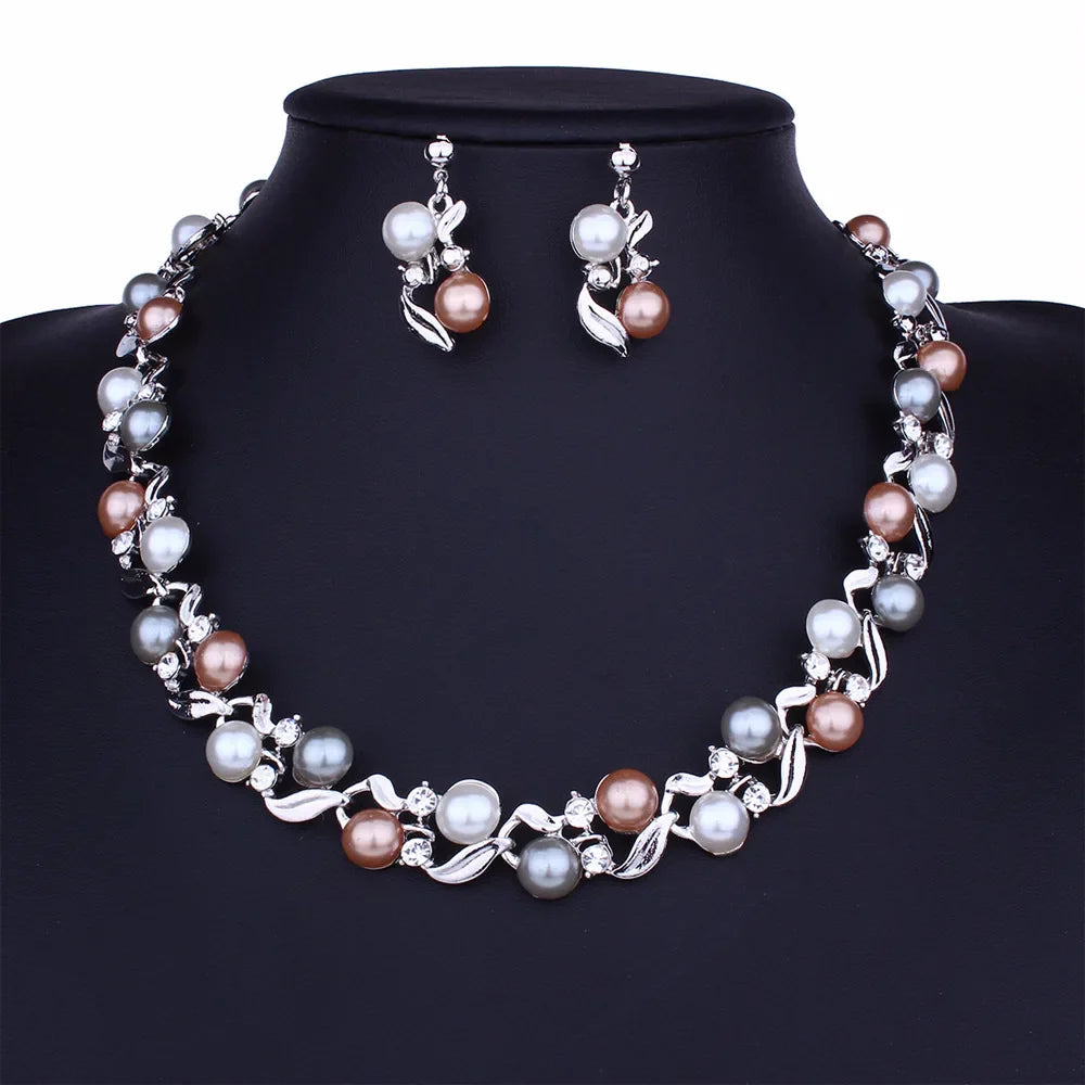 Fashion Imitation Pearl Wedding Necklace Earring Set Bridal for Women Elegant Rhinestone Jewelry Sets Party Gift