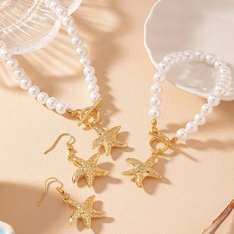 Pearl starfish pendant necklace bracelet earrings elegant and fashionable daily banquet jewelry gift set 2024