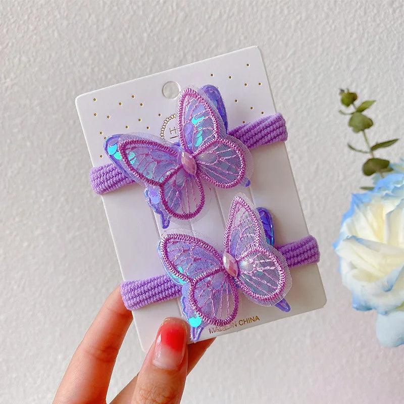 2PCS New Sequin Butterfly Girls Tie Up A Ponytail Kids Elastic Hair Bands Hair Accessories Cute Children Hair Ties Baby Headwear