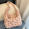 Strawberry Printed Shoulder Bag Pleated Corduroy Cross Body Messenger Bag New Large Capacity Ruched Shopping Bucket Bag Handbags