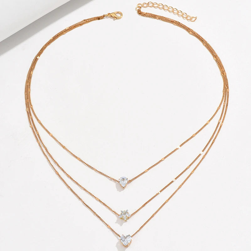 3 pcs crystal zircon necklace set heart star layered pendant necklace women fashion square rhinestone female necklaces jewelry