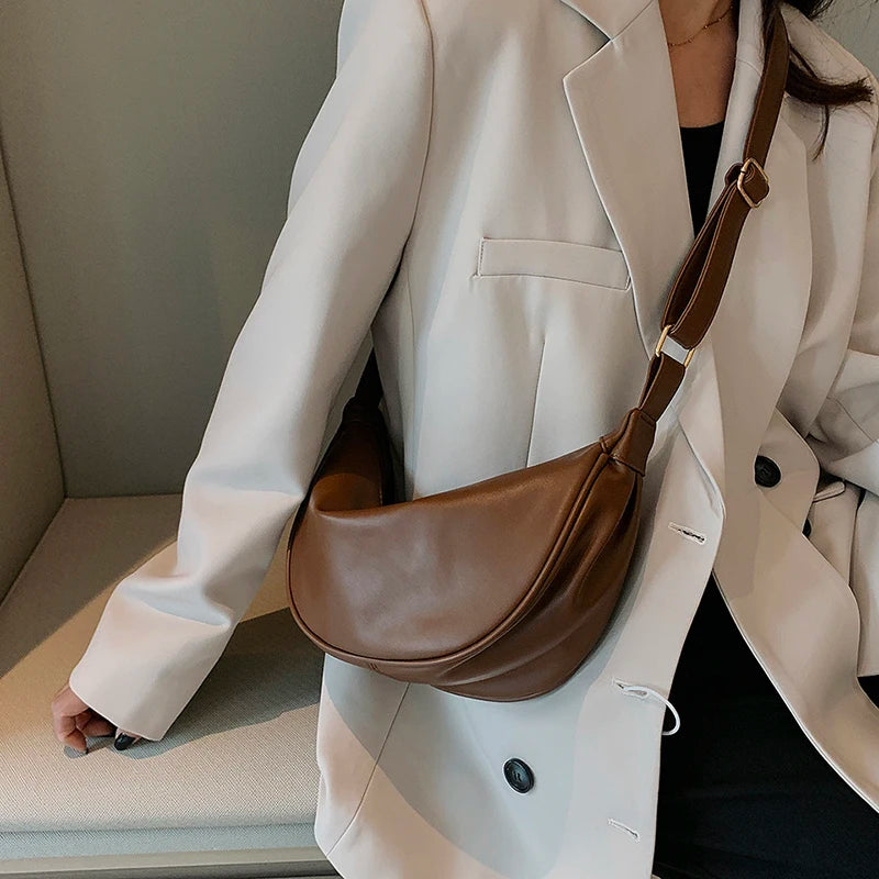 Half Moon Small PU Leather Zipper Crossbody Bags For Women Solid Color Shoulder Handbags 2023 Trends Winter Luxury Brand