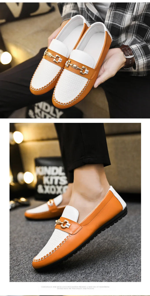 Men's Loafers Comfortable Flat Casual Shoes Breathable Slip-On Soft Cow Leather Driving Shoes Moccasins Hombre Men Shoes White