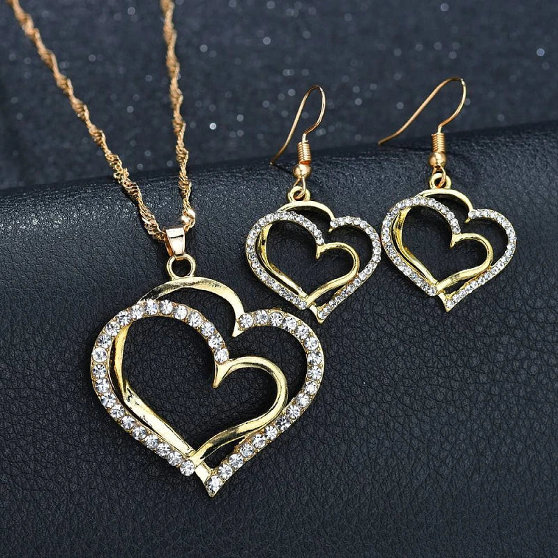 Fashion European and American Heart Shaped Wedding Dinner Wedding Dress Accessories Double Love Earrings Necklace Bracelet Gift