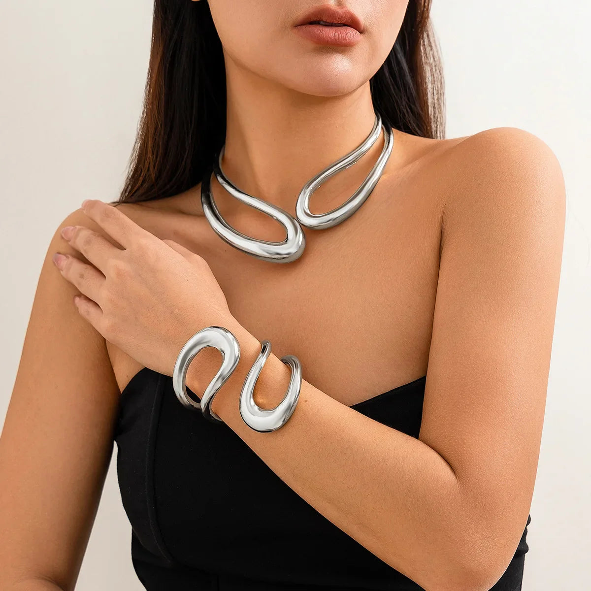 Kmvexo exaggerated metal hollow geometric adjustable open necklace bracelet set for women men street hip hop punk jewelry sets