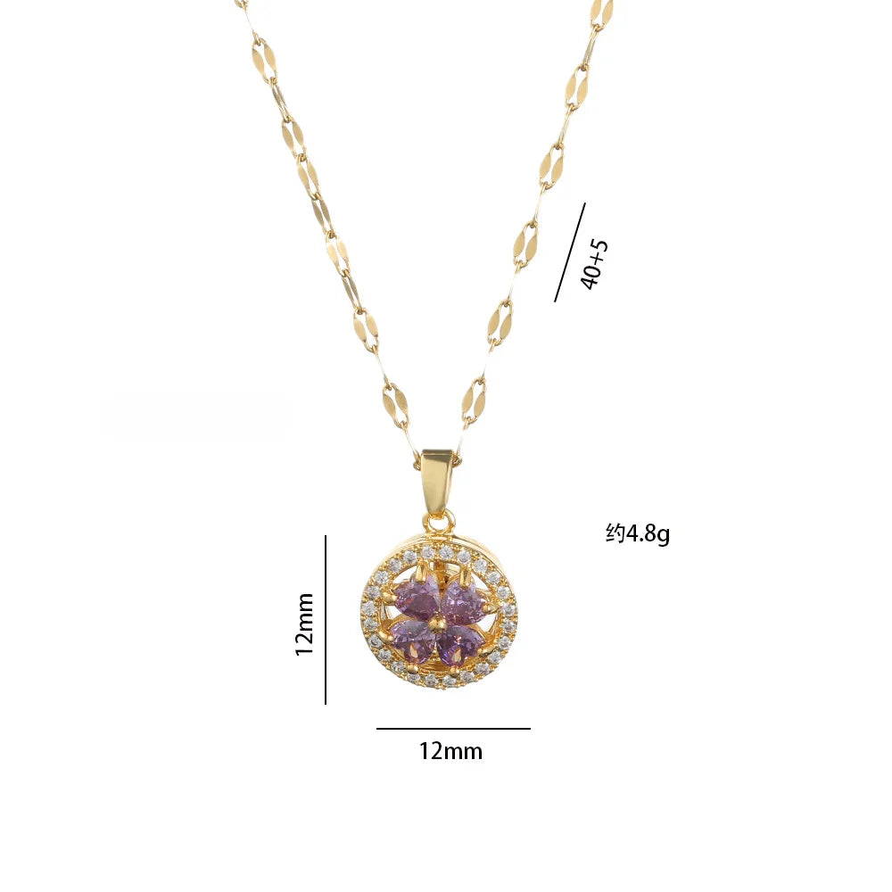 Sweet flower purple Zircon Pendant Necklace Earrings Set for Women Girls Stainless Steel Chain Party Accessories Jewelry