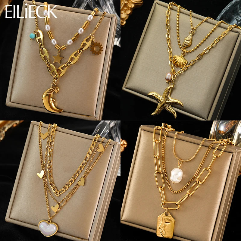 EILIECK 316L Stainless Steel Moon Starfish Heart Portraits Pendant Necklace For Women Fashion Multilayer Neck Chain Jewelry Gift