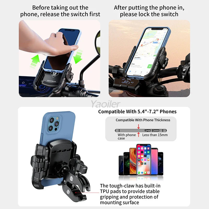 Motorcycle Phone Holder Charger 36W USB C Quick Charge Handlebar Phone Mount Works with 12V/24V Vehicle/USB C Socket for 4-7.0"