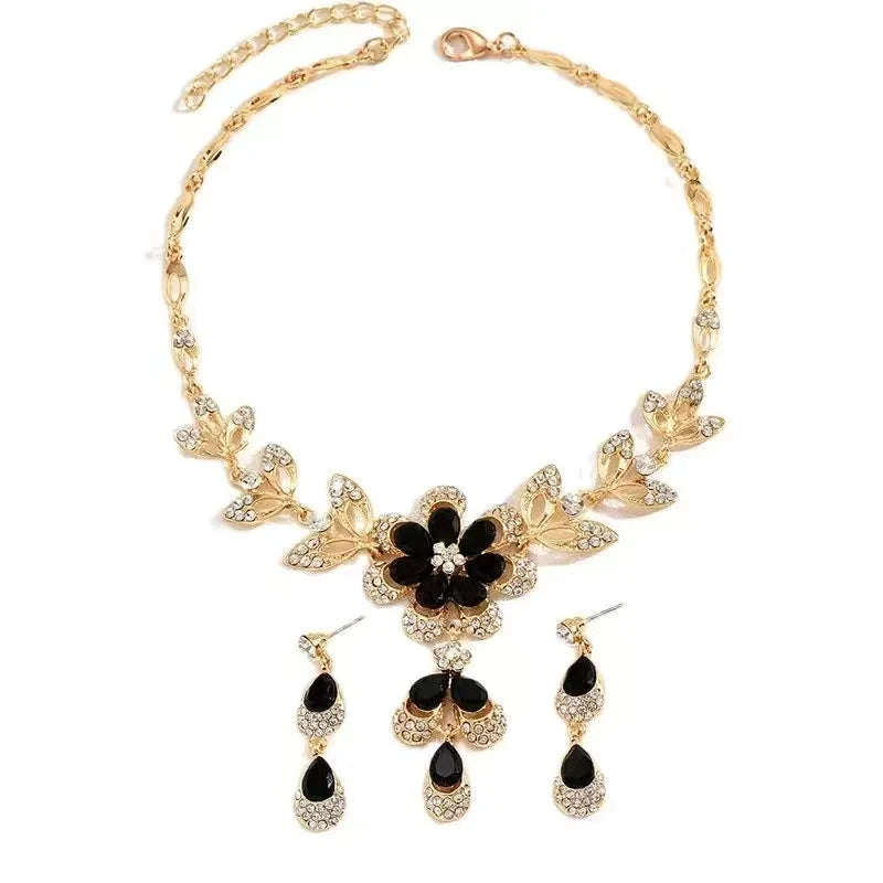 3 Pcs Fashion Jewelry Set Luxurious Rhinestone Crystal Flower Earrings Elegant Women's Banquet Wedding Accessories Necklace Set