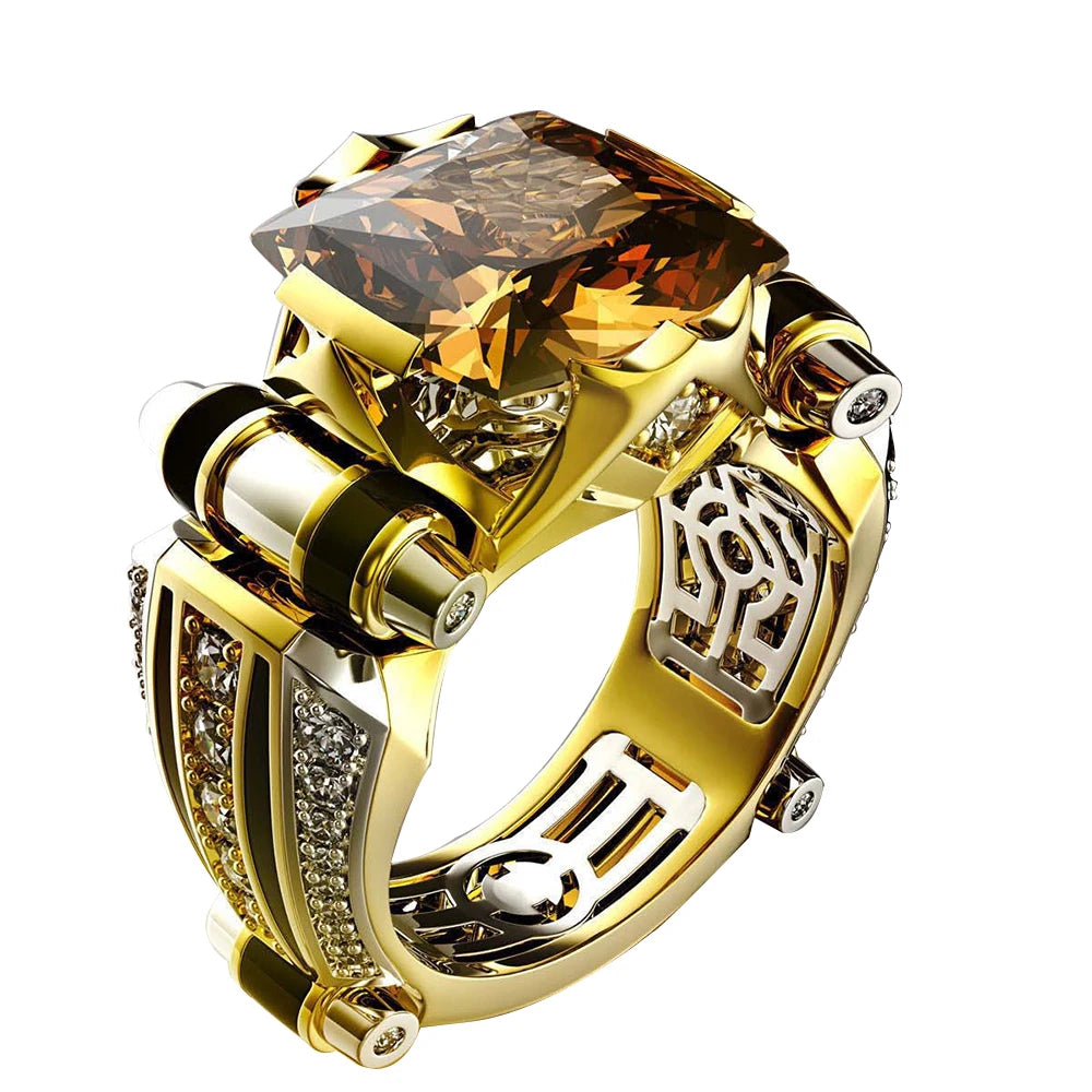 Gold Plated Stainless Steel Ring For Men Personality Zircon Mechanical Sense Finger Ring Male Party Jewelry