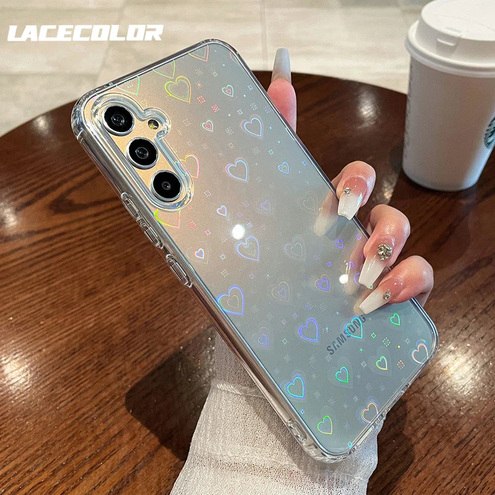 Glitter Love Heart Laser Case For Samsung Galaxy S24 S23 S22 FE Plus Ultra A55 A35 A25 A15 A54 A34 A24 A14 A53 Shockproof Case