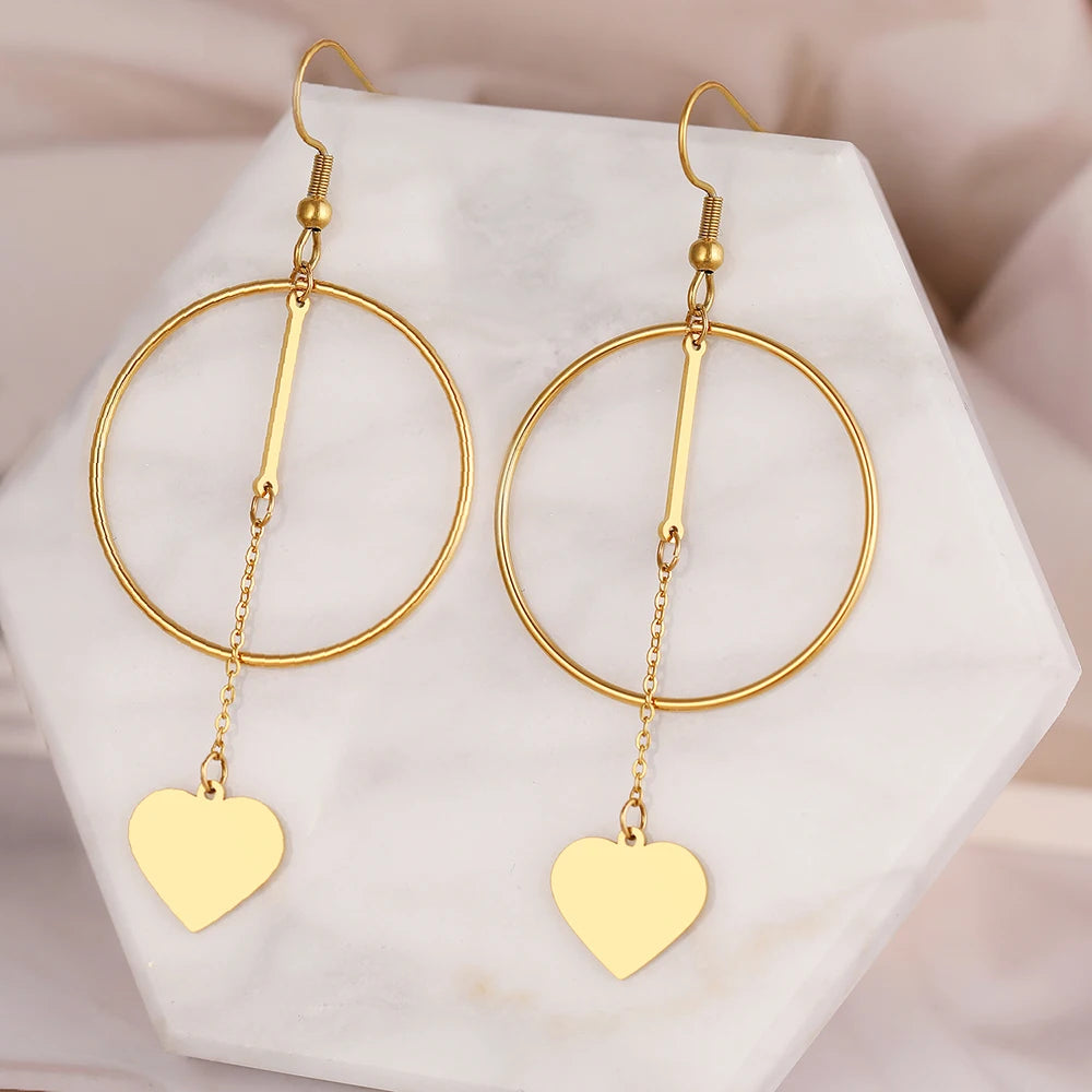 Stainless Steel Earrings Sweet Hearts Exaggerated Geometric Big Circle Stick Tassel Pendants Earrings For Women Jewelry Gifts