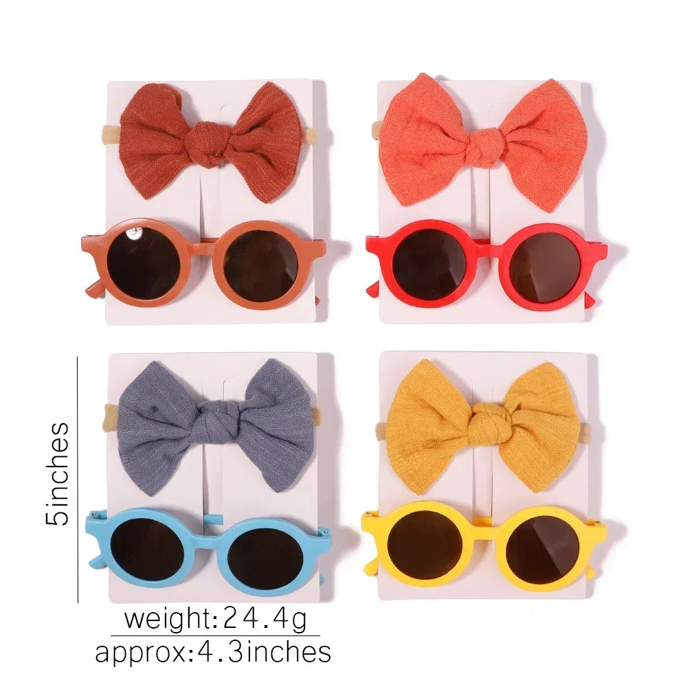 2Pcs/set Kids Summer Round Sunglasses Bows Headband Gift Sets Children Lovely Glasses Protection Hair Accessories for Girls