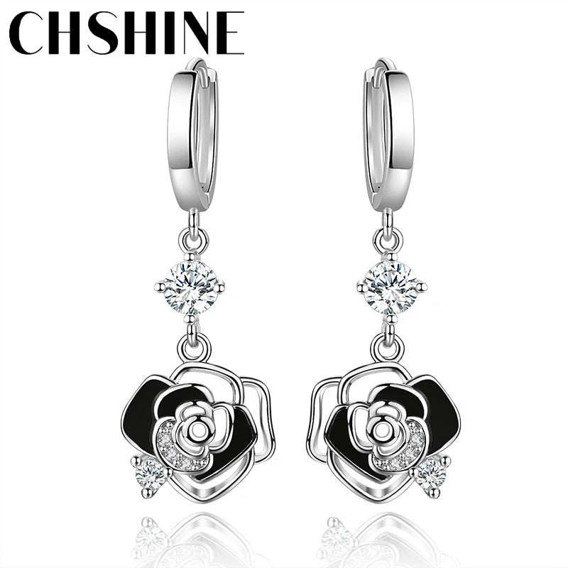 CHSHINE 925 Sterling Silver Black Rose Flower Earrings for Women's Wedding Gifts Fashion Jewelry