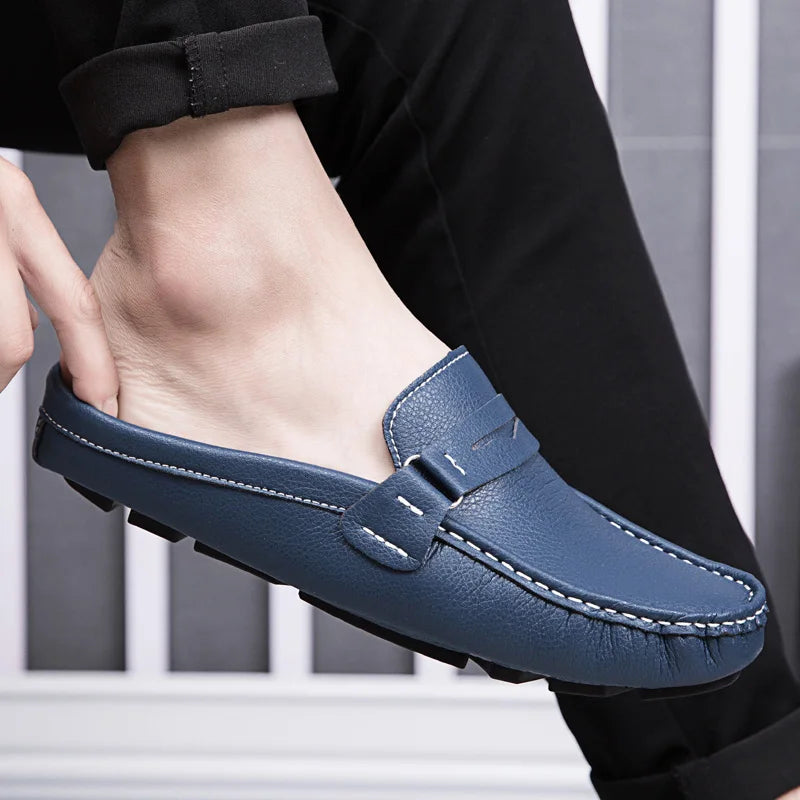 Men Slippers Fashion Leather Loafers Moccasins Outdoor Non-slip Casual Driving Shoes Men Mules Slides Comfortable Beach Sandals