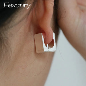Foxanry Minimalist Silver Color Hoop Earrings for Women Korean Fashion Simple Square Geometric Party Jewelry Prevent Allergy