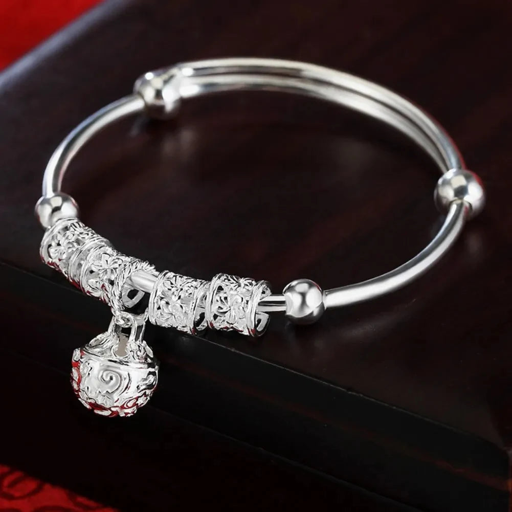 Fine 925 sterling silver hollow bells ball bangles adjustable bracelets for women fashion holiday gifts party wedding jewelry