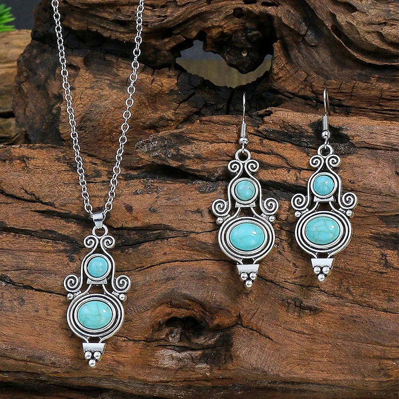 1Set Vintage National Imitation Turquoise Women's Earring Necklace Set Antique Silver Alloy Green Earring Necklace