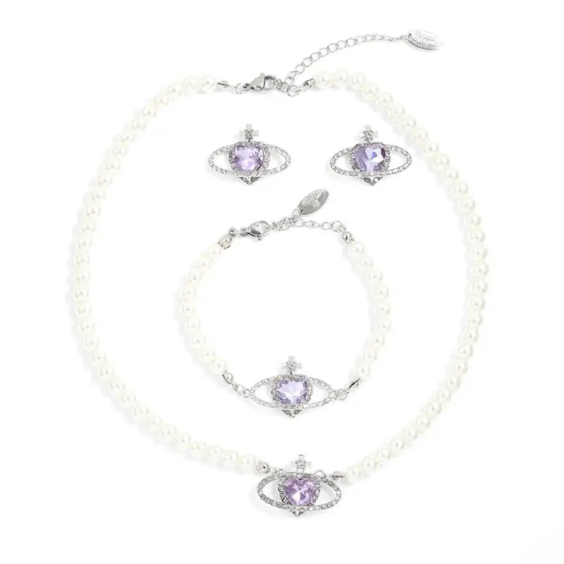 Luxury Purple Crystal Planet Heart Earrings Bracelet Necklace Set For Women Exquisite Imitation Pearl Wedding Bride Jewelry