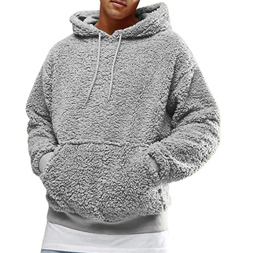 Autumn Winter Men's Sherpa Hoodie Fuzzy Pullover Winter Hoodie Polar Fleece Solid Color Hooded Long Sleeves Pullover Sweatshirt