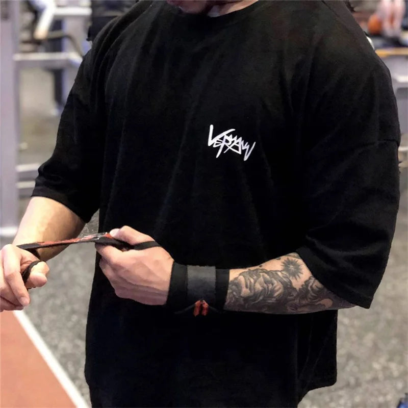 NEW Round Collar  sports T Shirt Oversize Cotton Summer Tee Training running shirt Man Streetwear Half Sleeve men T-shirt